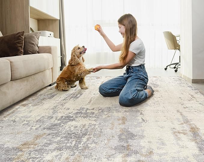 UERMEI 5x7 Area Rug Living Room Rugs - Washable Neutral Modern Abstract Soft Thin Rug Indoor Floor No Slip Rug Carpet for Bedroom Under Dining Table Home Office Decor - Light Brown/Gray