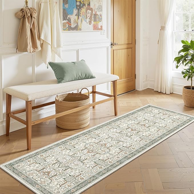 2x6 Hallway Washable Runner Rug - Soft Non Slip Vintage Rugs for Entryway Low-Pile Farmhouse Neutral Kitchen Runners Living Room Floor Mat Stain Resistant Distressed Carpet for Bedroom Bathroom Green