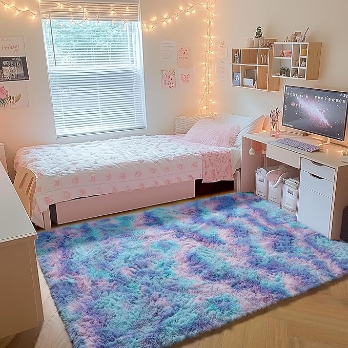 ONASAR Rainbow Rugs for Girls Bedroom, 5x8 Fluffy Bedside Throw Area Rug, Soft Plush Shaggy Indoor Floor Carpet for Living Room Nursery Kids Boys Teen Dorm Home Office Decor Aesthetic