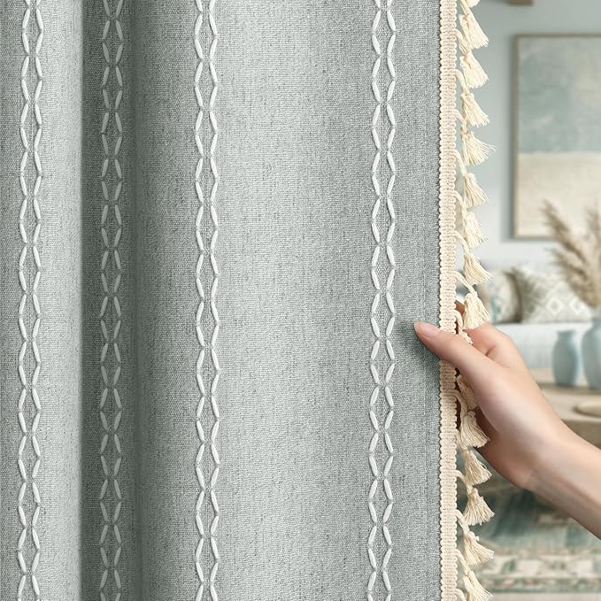 Teal Boho Blackout Curtains 63 Inches Long Light Green Linen Blend 2 Panels with Tassels and Cotton Embroidery, Farmhouse Vintage Rustic Rod Pocket Drapes for Living Room or Bedroom