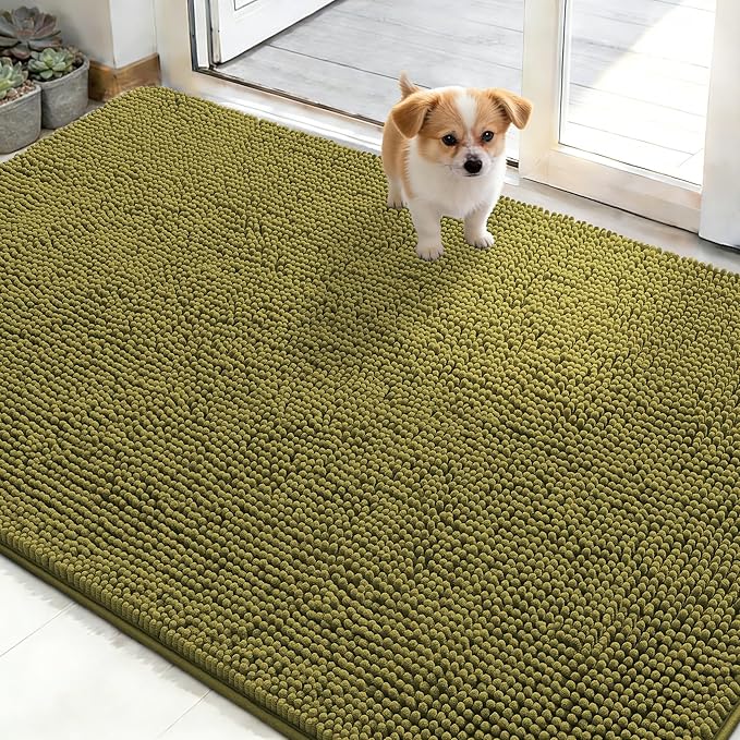 OLANLY Dog Door Mat for Muddy Paws 48x30, Absorbs Moisture and Dirt, Absorbent Non-Slip Washable Doormat, Quick Dry Chenille Mud Mat, Entry Indoor Entryway Carpet for Inside Floor, Willow Green