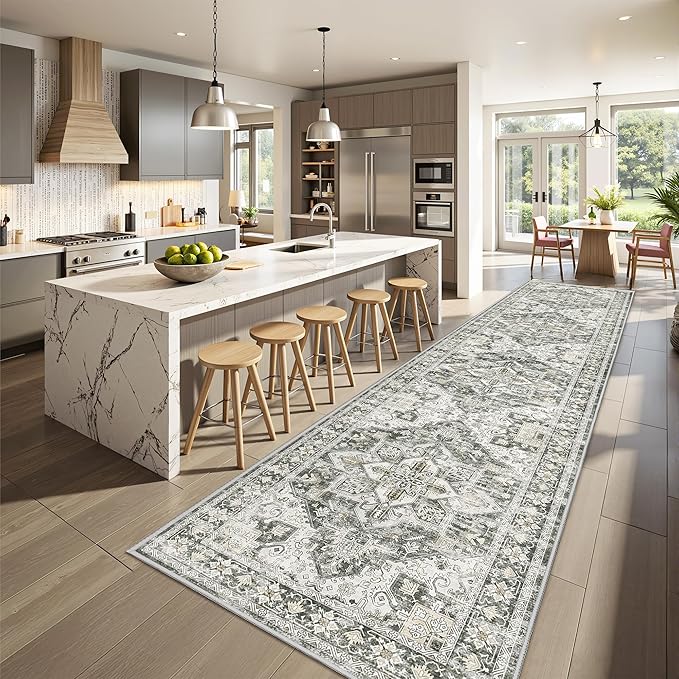 Runner Rug 2x10, Ultra-Thin Kitchen Rugs Non Slip Washable Rugs for Entryway Rug, Kitchen Runner Low Pile Vintage Soft Carpets for Living Room, Bathroom Bedroom (Grey/Beige,2'x10')