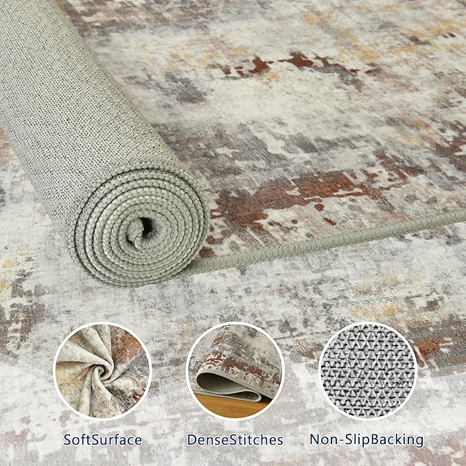 Living Room Rug 9x11 Beige Area Rugs Machine Washable Abstract Boho Large Rug Non-Slip Non-Shedding Faux Wool Indoor Vintage Carpet for Bedroom, Classroom, Dining Room, Kids Playroom