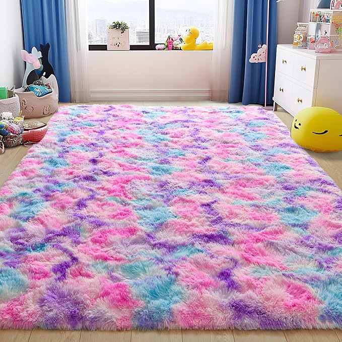 Tepook Soft Rainbow Rug for Girls Room, Cute Fluffy Girls Bedroom Rugs, 4x6 Feet Shaggy Princess Rug Colorful Carpet for Kids Teens Toddler Playroom Nursery Reading Nook, Hot Pink