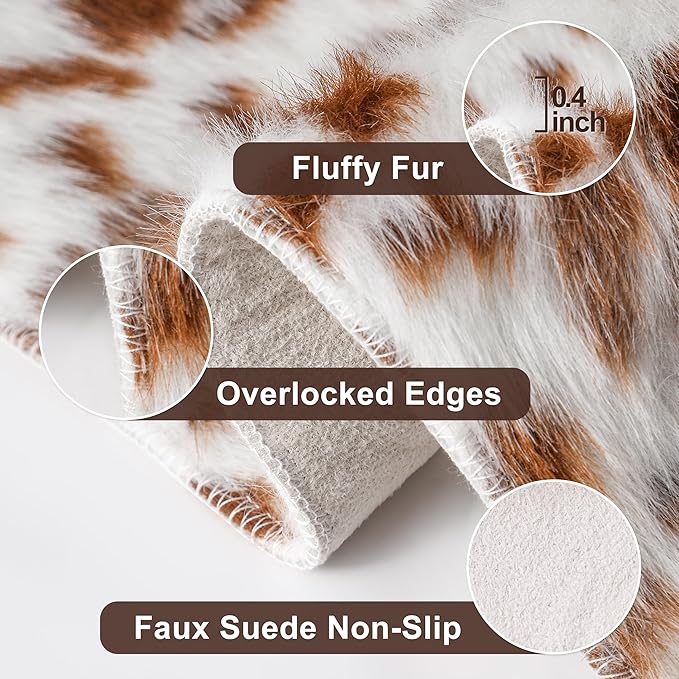 Cow Print Faux Cowhide Rug, Fluffy Fur 6.2x8.2 Feet Washable Cow Rugs for Living Room Bedroom Animal Print Hide Skin Rustic Western Décor Black and Brown