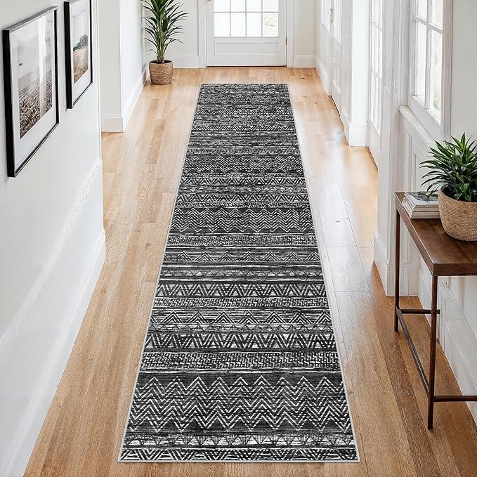 2x8 Washable Kitchen Runner Rug: Modern Moroccan Runners for Hallway Soft Non Slip Rugs with Rubber Backing Low Pile Thin Waterproof Floor Carpet for Entryway Bedroom Bathroom Indoor 2x8 Black