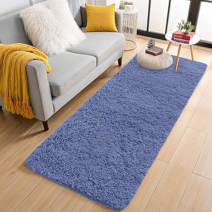 OLANLY 2x5 Machine Washable Runner Rugs for Hallway, Soft Fluffy Shaggy Bedside Rugs for Bedroom, Living Room, Indoor Floor Carpet for Kids Girls and Boys, Home Decor Aesthetic, Denim Blue