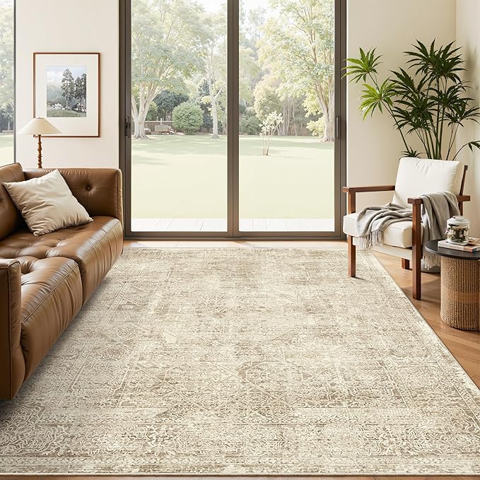6x9 Area Rug for Living Room Floral Washable Non-Slip Modern Rugs for Bedroom Dinning Room Ultra-Thin Indoor Brown