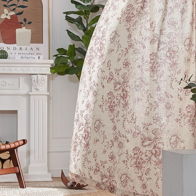 jinchan Linen Blend Curtain Floral Curtains for Living Room 45 Inch Length Farmhouse Brick Red Printed Curtain Rod Pocket Back Tab Peony Flower Patterned Drapes Curtains Set 2 Panels