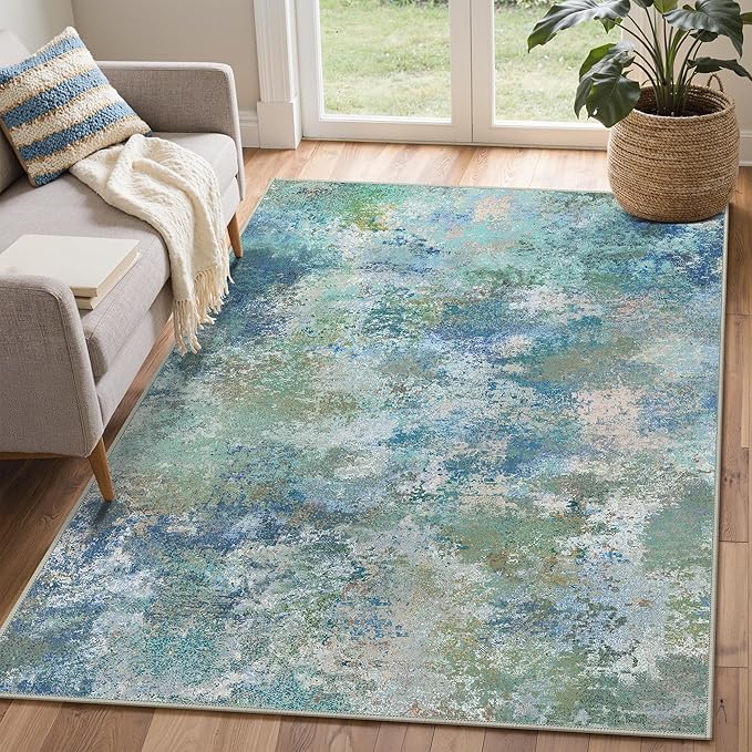 BEIMO Area Rugs 4x6 for Living Room Bedroom, Modern Abstract Machine Washable Rug, Large Soft Low Pile Floor Carpet with Non Slip Backing for Dining Room, Blue Green