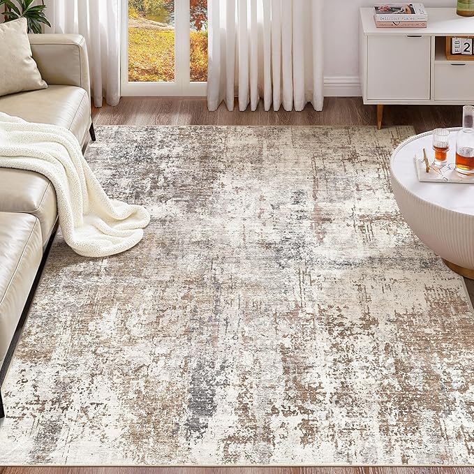 UERMEI Area Rug Living Room Rugs - Washable Neutral Modern Abstract Soft Thin Rug Indoor Floor No Slip Rug Carpet for Bedroom Under Dining Table Home Office Decor - Brown/Grey/Red - 10x14