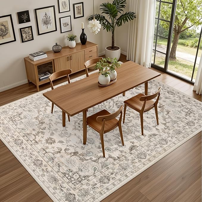 Area Rugs 10x14 Living Room Rug: Washable Rug Soft Vintage Distressed Floral Carpet Indoor Non-Slip Stain Resistant Large Carpets for Bedroom Dining Room Farmhouse Nursery Home Office Brown Beige