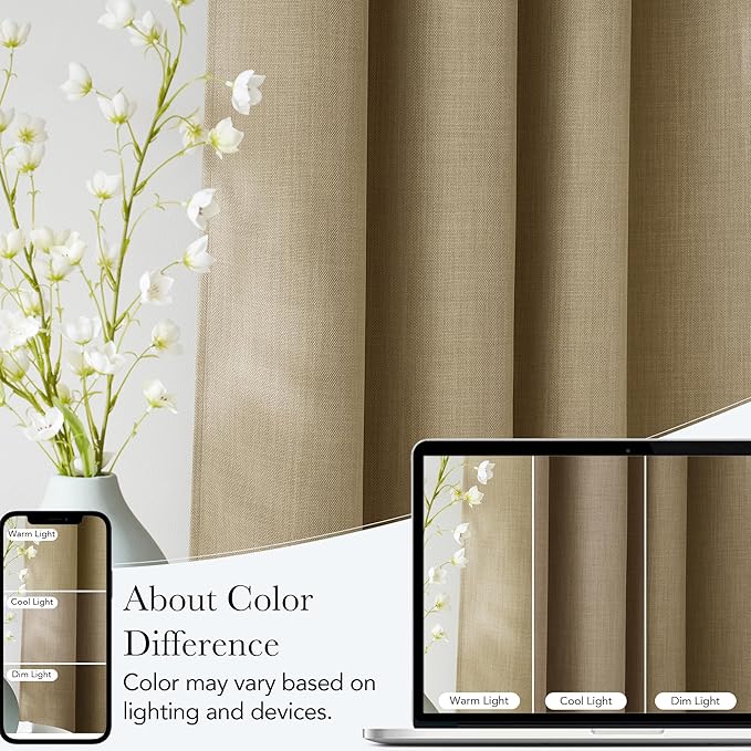 NICETOWN Oatmeal Faux Linen Room Darkening Rod Pocket Curtains 63 inch Length, W42 x L63, Light Blocking Thermal Insulated Noise Reducing Drapes for Bedroom Living Room Farmhouse Decor, 2 Panels