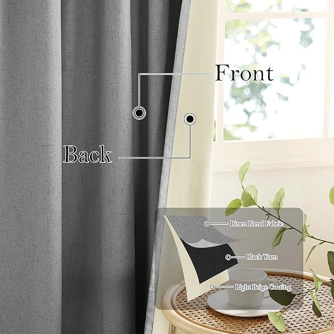 RYB HOME Grey Linen Blackout Curtains for Sliding Glass Door, 100% Blackout Linen Textured Thermal Privacy Modern Drape Panels for Dining Room Large Window, 52" W x 84" L, 2 Panels Set