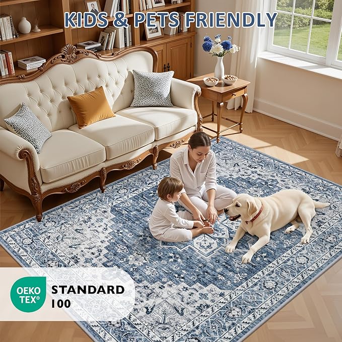 Area Rugs 10x12 Living Room Rug: Washable Rug Soft Vintage Boho Medallion Carpet Indoor Floor Non-Slip Stain Resistant Large Carpets for Bedroom Dining Room Farmhouse Nursery Home Office Blue