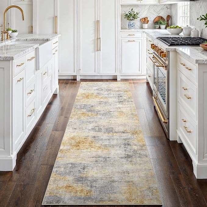 2'6''x8' Washable Kitchen Runner Rug: Modern Abstract Runners for Hallway Soft Non Slip Rugs with Rubber Backing Low Pile Thin Floor Carpet for Entryway Bedroom Bathroom Indoor(Grey/Yellow,2'6''x8')