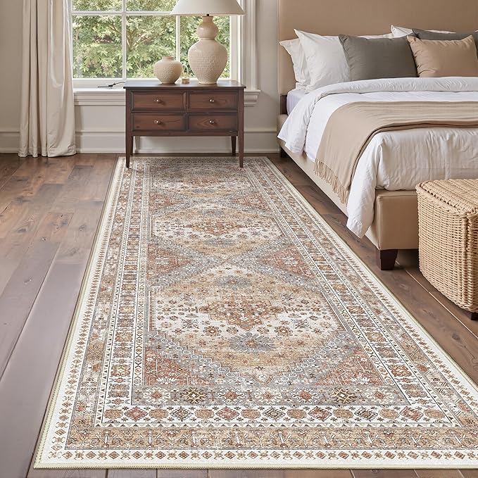 3x12 Runner Rug for Hallway, Non-Slip Long Bathroom Rugs Runner for Kitchen, Living Room, Bedroom, Soft Vintage Washable Rug for Entryway, Thin Floor Mat for Dining Room(Orange,3'x12')
