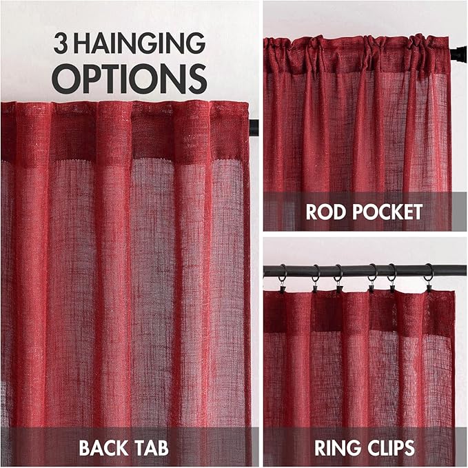 MIULEE Burgundy Red Kitchen Curtains 30 Inch Length 2 Panels, Soft Thick Linen Textured Semi Sheer Light Filtering Short Cafe Tier Curtains for Small Half Window Back Tab Rod Pocket Christmas Decor