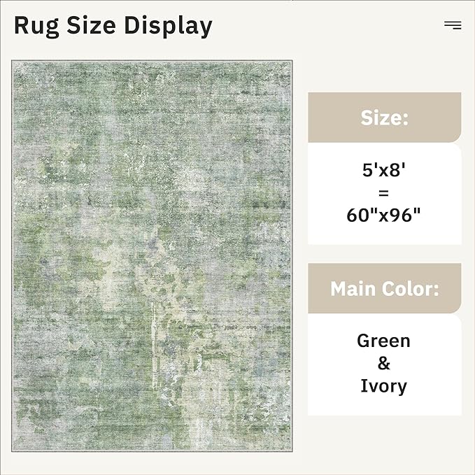 5x8 Area Rugs Green/Ivory Low Pile Indoor Washable Trendy Faded Style Rugs for Bedroom Living Room Dining Room Foldable Non-Slip Thin Print Home Office Mat