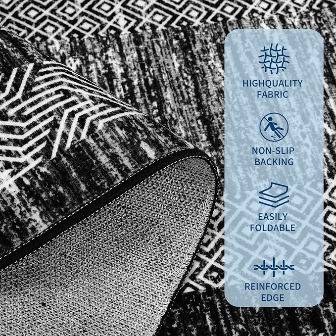 GarveeHome Modern Geometric Rug 4x6 Washable Rug for Living Room, Soft Non Shedding Indoor Carpet with Non Slip TPR Backing, Low Pile Thin Foldable Printed Floor Mats for Dining Room, Black
