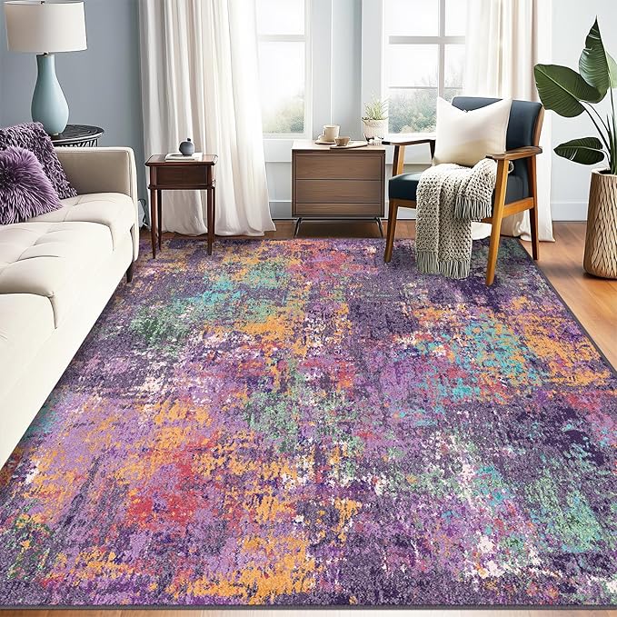 Washable Area Rugs 8'x10' Non-Slip Modern Abstract Soft for Living Room Entryway Bedroom Nursery, Print Pattern, Purple Orange Blue Green Rust Red Colorful