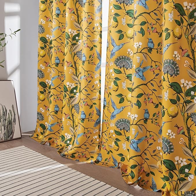 Topfinel Mustard Yellow Luxury Curtains 96 Inches Long for Living Room Bedroom, Blackout Vintage Art Deco Anthropologie Victorian Curtains Floral Lemon Hummingbird Printed Grommet Drape 96 Inch Length