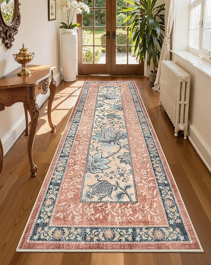 GarveeHome Terracotta Teal 2x6 Washable Kitchen Runner Rugs Non Slip Provence Botanical Grove Vintage Boho Cottage Long Rug for Hallways Bedroom TPE Rubber Backing