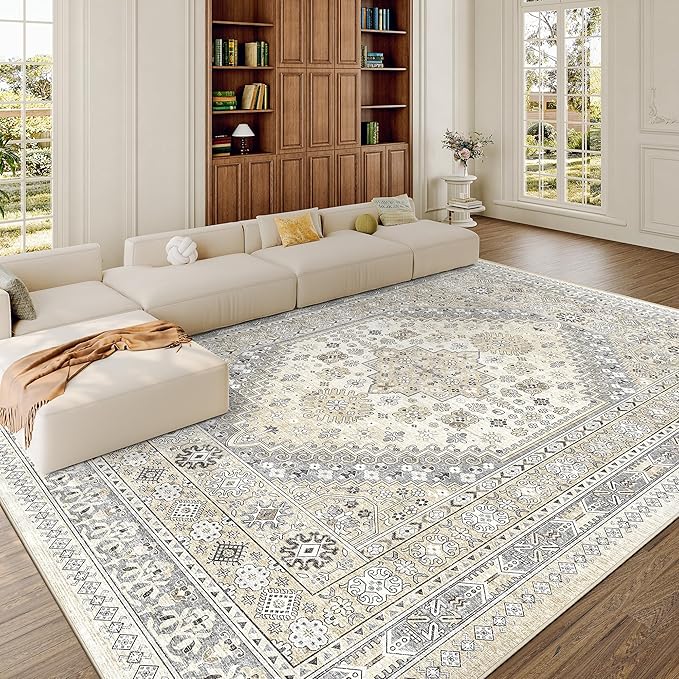 zesthome 8x12 Area Rugs,Stain Resistant Washable Rug,Ultra-Thin Rugs for Living Room,Bedroom,Non-Slip Backing Home Decor Large Area Rug (Beige,8'x12')