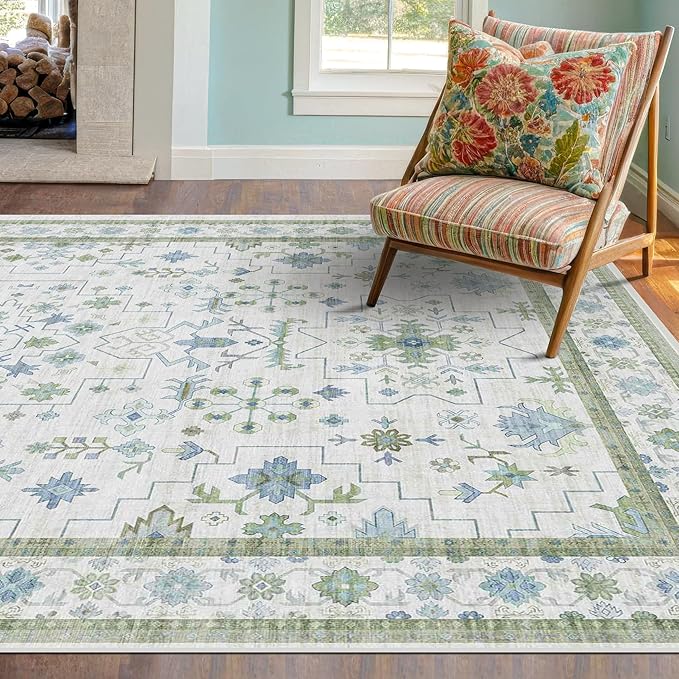 Hazo Haus Oushak Area Rug for Bedroom 5x7 - Blue and Green Vintage Boho Floral Geometric, Washable Low Pile Non Slip Area Rugs for Nursery Room, Foyer, Cozy Aesthetic Room Decor