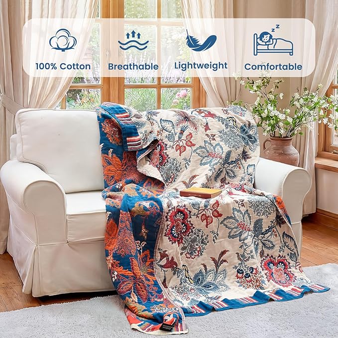 MSGKV Boho Throw Blanket 60"x80" 100% Cotton Floral Blanket for Bed Couch Spring Breathable Lightweight Twin Blankets All Seasons Home Decor Muslin