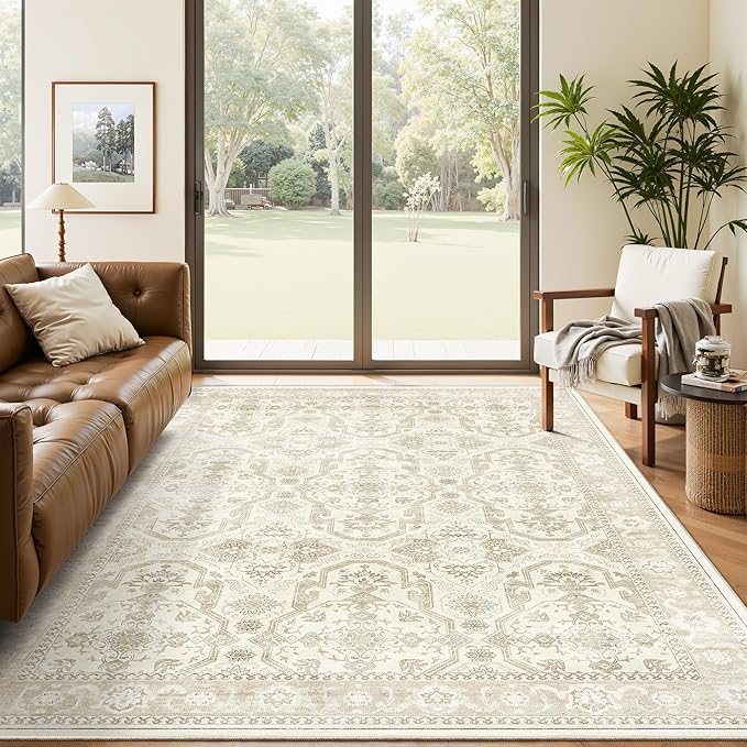 Area Rugs 5x7, Washable Rug, Stain Resistant 5x7 Area Rugs for Living Room Bedroom Dining Room, Vintage Gray Farmhouse Rug Beige