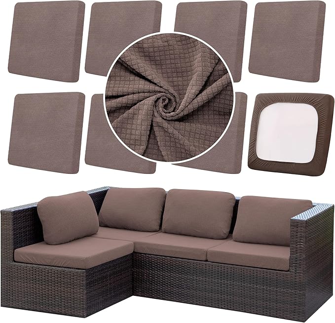 8Pcs Outdoor Cushion Covers, Patio Cushion Covers,Stretch Elastic Slipcovers, Replacement Washable & Reusable Furniture Protector for Patio Couch,Thick Jacquard Fabric(Camel, Cover Only)
