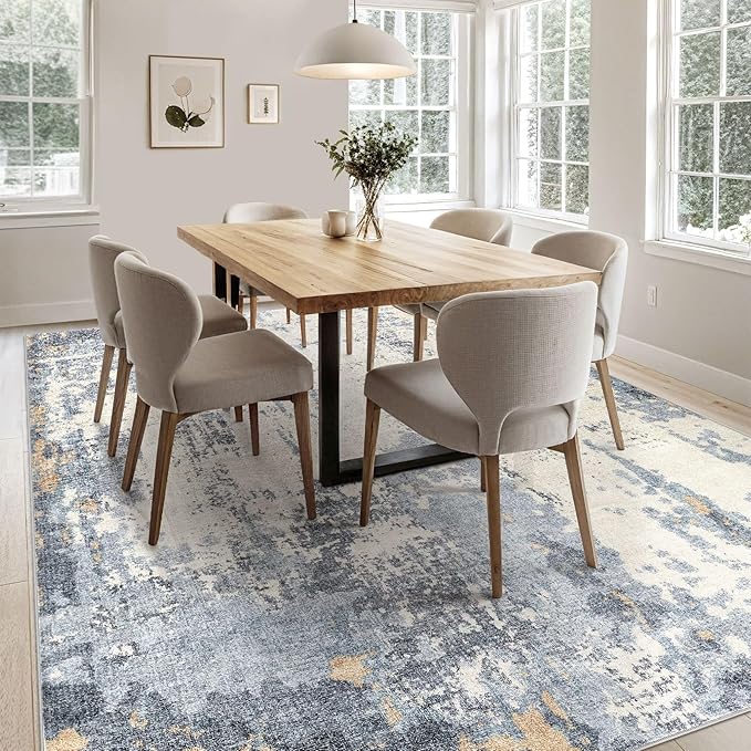 UERMEI 5x7 Area Rug Living Room Rugs - Washable Neutral Modern Abstract Soft Thin Rug Indoor Floor No Slip Rug Carpet for Bedroom Under Dining Table Home Office Decor - Blue/Light Brown