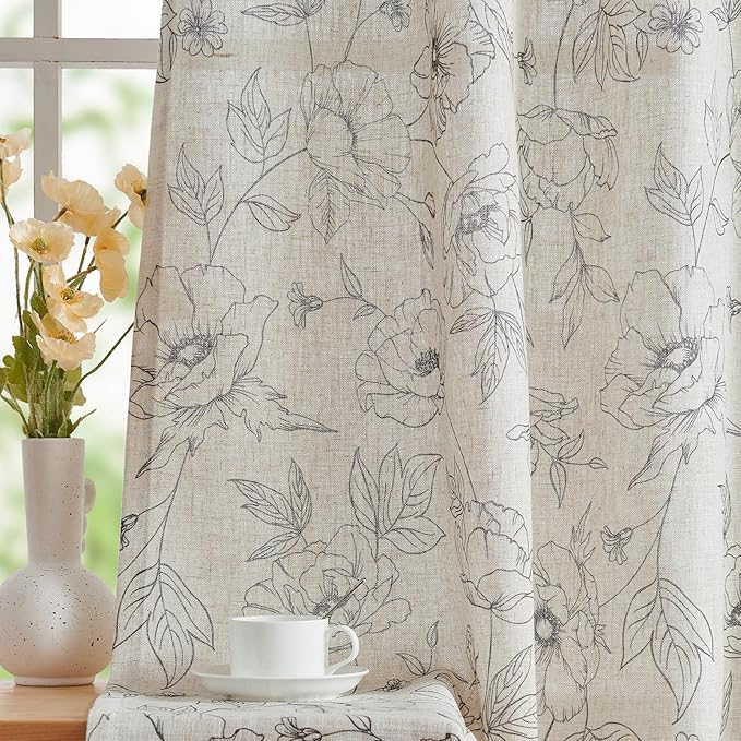 jinchan Floral Linen Curtains for Living Room 63 Inch Length Grey Flower Curtain Rod Pocket Back Tab Farmhouse Curtains with Printed Floral Bedroom Window Curtain Set, 2 Panels Gray