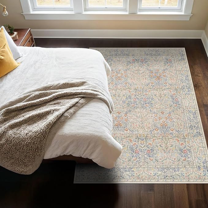 Hazo Haus Vintage Washable Beige Blue Area Rugs for Bedroom Under Bed, Living Room, Nursery, Kitchen, Entryway, Low Pile Non Slip Stain Resistance Distressed Retro Indoor (Beige Blue, 4 x 6)