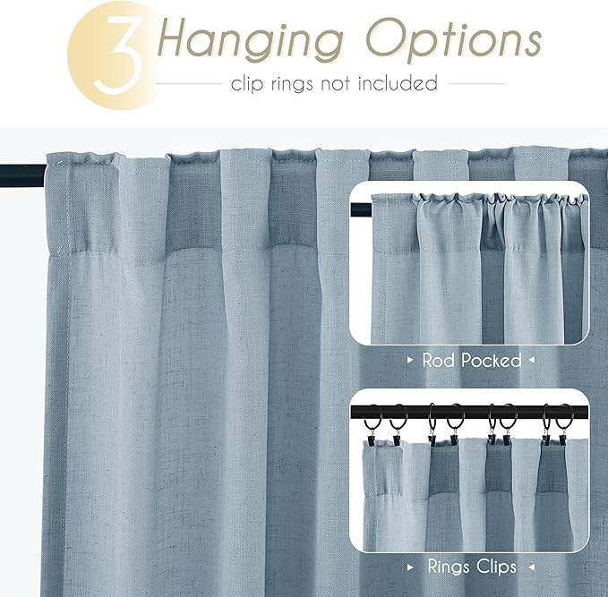 Dusty Blue Linen Curtains for Living Room Back Tab Light Filtering Semi Sheer Light Blue Bedroom Curtains Linen Cotton Textured Grey Blue Drapery Panel Airy Modern Farmhouse Aesthetic Decor 52x90 Long