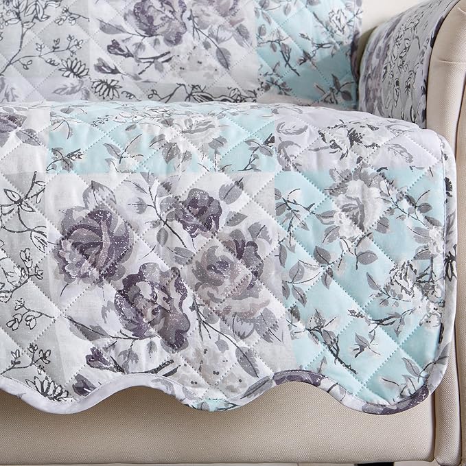 Great Bay Home Reversible Floral Patchwork Loveseat Furniture Protector - Machine Washable, Scalloped Edge, Stain Resistant, Printed Furniture Cover for Dogs, Kids, and Pets (Gray/Aqua)
