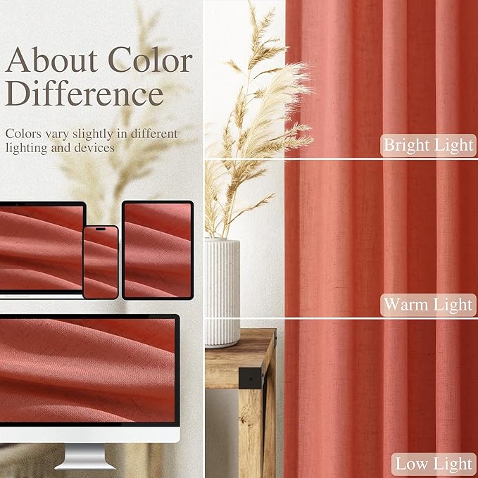 Coral Linen 96 Inch Length Curtains Panels 2 Panel Set Back Tab Rod Pocket Textured Sheer Light Filtering Boho Aesthetic Room Decor Burlap Drapes for Bedroom and Living Room Curtain 8Ft 52x96 Inch