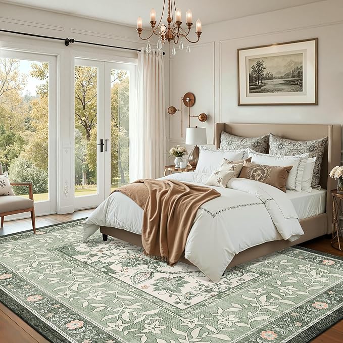 GarveeHome Provence Sage Green Area Rugs 10x13 Living Room, Botanical Grove Sage Green Cottagecore Washable Non-Slip Rug for Bedroom Dining Nursery Low-Pile Vintage Large Soft Carpet