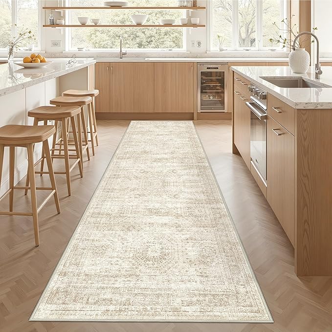3x12 Runner Rug for Hallway, Non-Slip Long Bathroom Rugs Runner for Kitchen, Bedroom, Soft Vintage Abstract Washable Rug for Entryway, Thin Floor Mat for Dining Room(3'x12', Beige/Ivory)