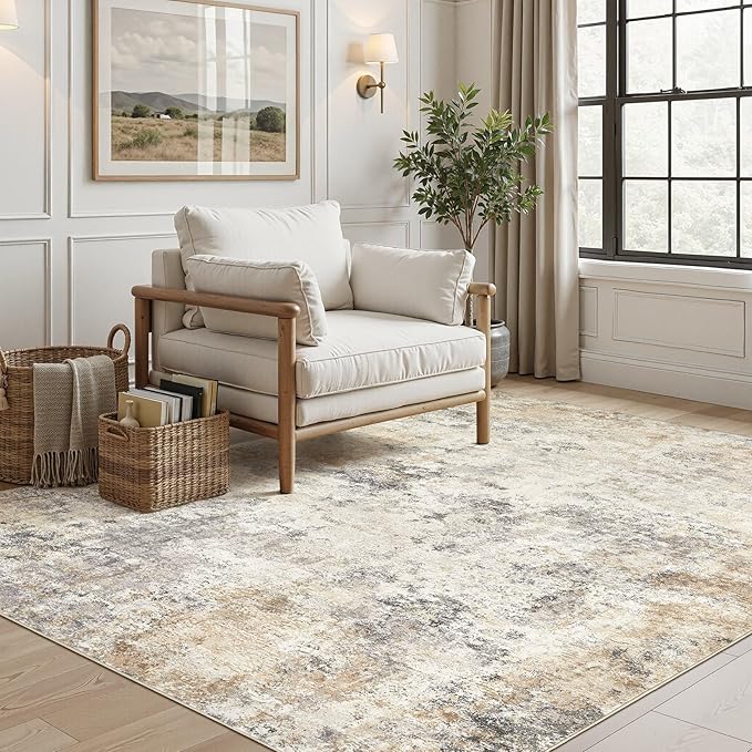 UERMEI 5x8 Area Rug Living Room Rugs - Washable Neutral Modern Abstract Soft Thin Large Rug Indoor Floor No Slip Rug Carpet for Bedroom Under Dining Table Home Office Decor - Golden Grey