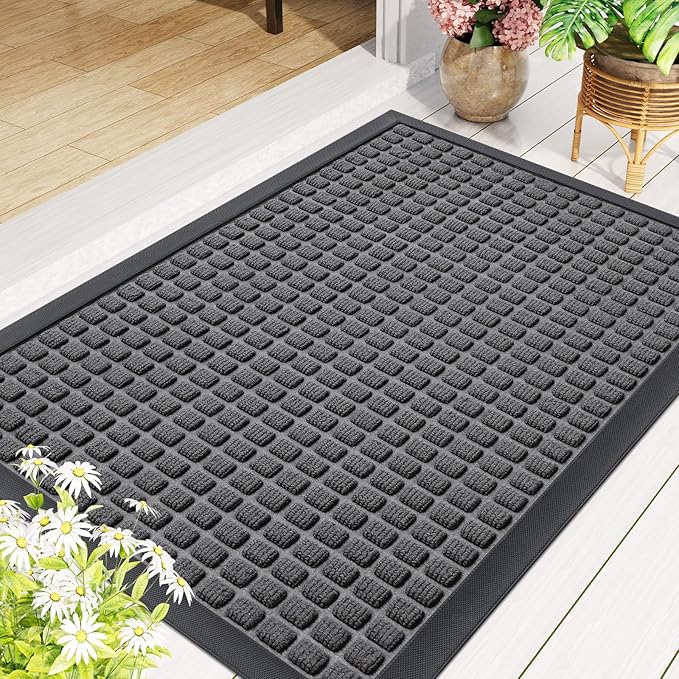 Smiry Front Door Mat Outside Entrance, Heavy Duty Natural Rubber Doormat, Non Slip, Trap Dirt and Moisture, Easy Clean, Low Profile Welcome Floor Mats for Indoor Outdoor Entry, 59x23 Inch, Grey