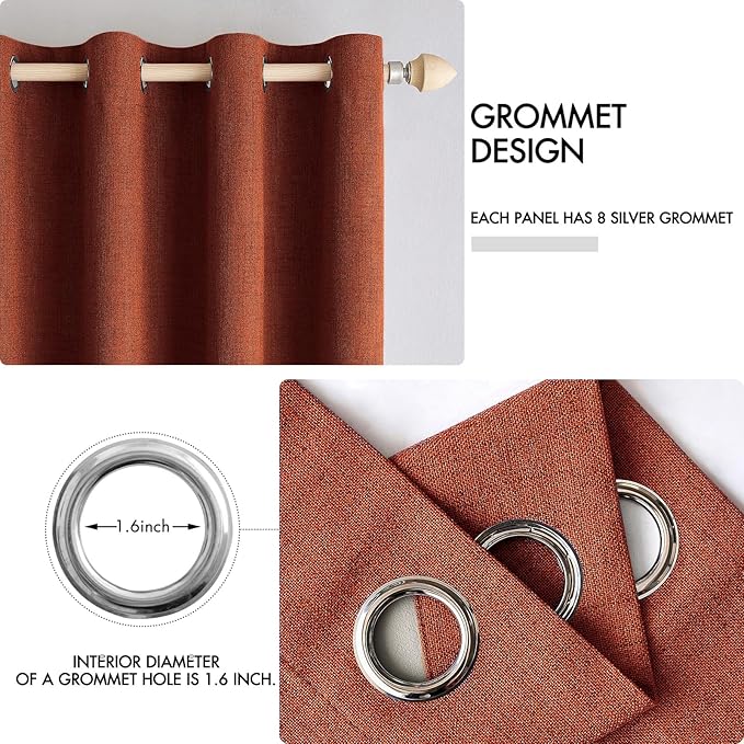 MIULEE Linen Curtains 100% Blackout for Bedroom Thermal Insulated Burnt Orange Grommet Room Darkening Curtains & Drapes Rust Terracotta Fall Decor for Living Room Nursery 52 x 72 Inch (2 Panels)