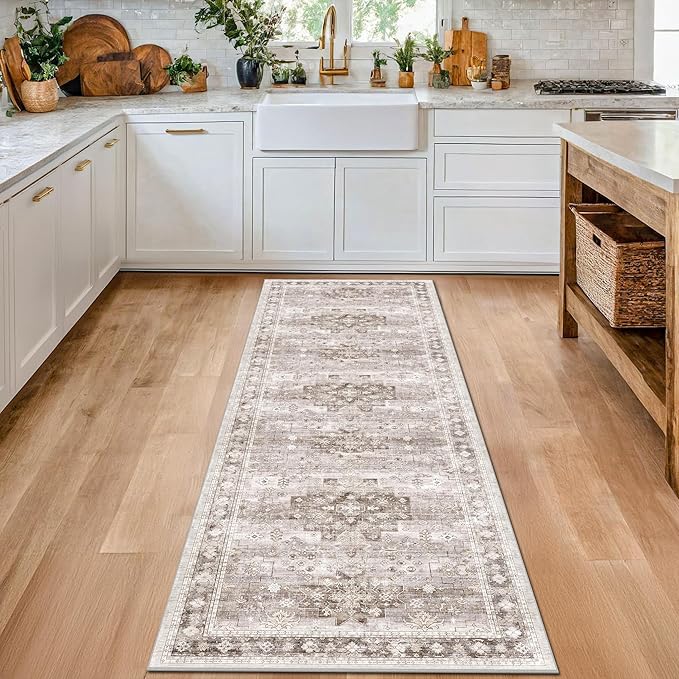 Hazo Haus Boho Bathroom Rug 2x5 Runner, Neutral Farmhouse Kitchen Rugs, Small Throw Runners for Laundry Room Bedroom, Vintage Floral Décor, Non-Slip Low-Pile Washable Stain Resistant Beige Latte