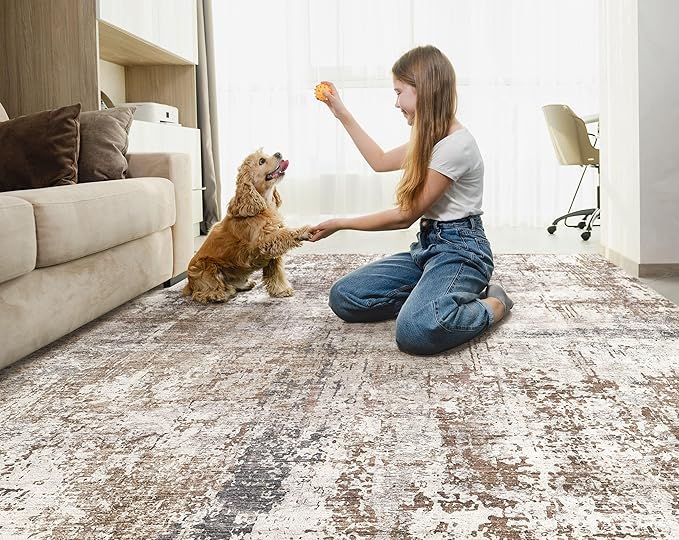 UERMEI Area Rug Living Room Rugs - Washable Neutral Modern Abstract Soft Thin Rug Indoor Floor No Slip Rug Carpet for Bedroom Under Dining Table Home Office Decor - Brown/Grey/Red - 5x7