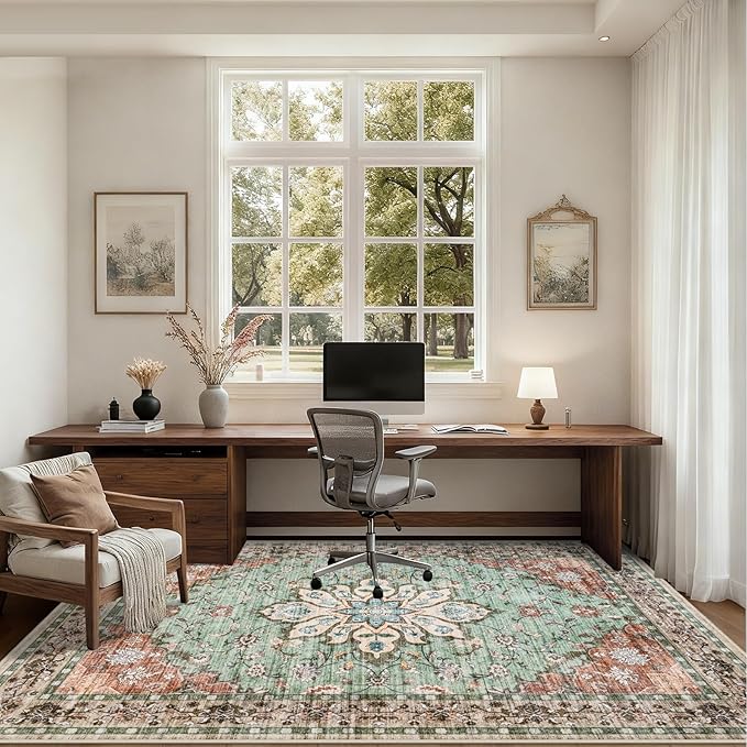 Area Rugs 10x12 Living Room Rug: Washable Rug Soft Vintage Distressed Floral Carpet Indoor Non-Slip Stain Resistant Large Carpets for Bedroom Dining Room Farmhouse Nursery Home Office Brown Green