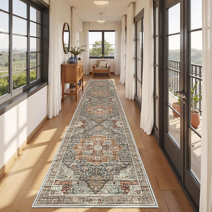Runner Rug 2x10, Ultra-Thin Kitchen Rugs Non Slip Washable Rugs for Entryway Rug, Kitchen Runner Low Pile Vintage Soft Carpets for Living Room, Bathroom Bedroom (Grey/Brown/Tan,2'x10')