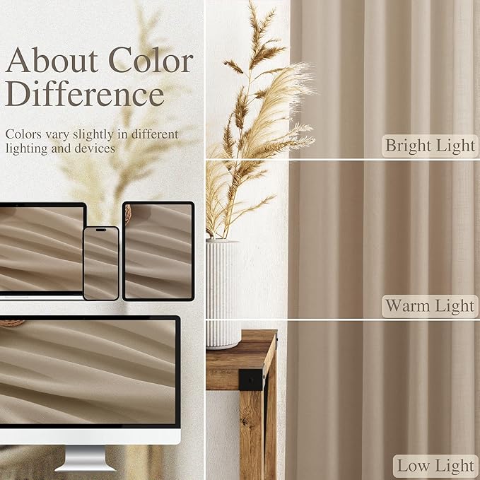 Sepia Beige Linen Curtains 102 Inches Long for Living Room Rustic Farmhouse Decor Light Filtering Semi Sheer Curtain Back Tab Neutral Modern Luxury Drapes for Bedroom Office 52x102, 2 Panels