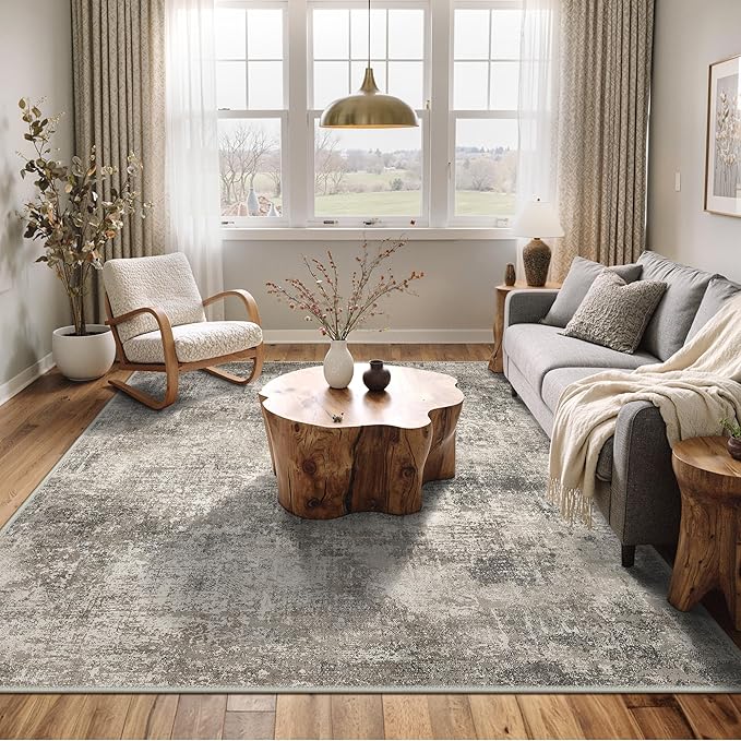 Area Rugs 6x9 for Living Room Bedroom, Modern Abstract Machine Washable Rug, Large Soft Low Pile Floor Carpet with Non Slip Backing for Dining Room, Grey