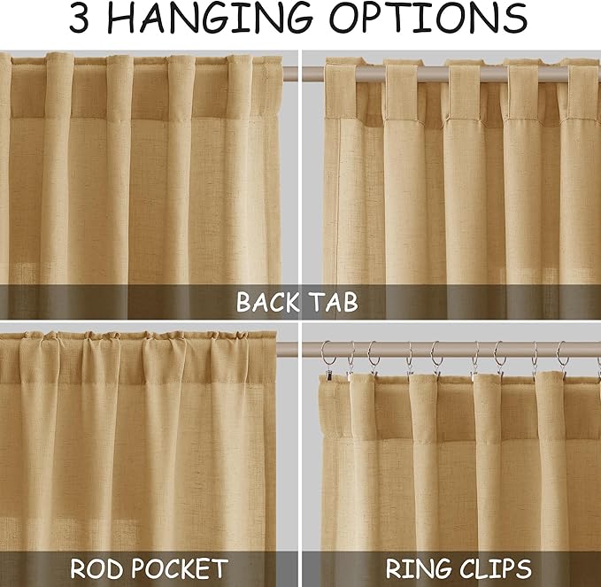 Gold Yellow Linen Curtains 84 Inch Length 2 Panels Set for Living Room Rod Pocket Back Tab Light Filtering Window Drapes for Bedroom Dining Room Protect Privacy Country Farmhouse Decor 52x84